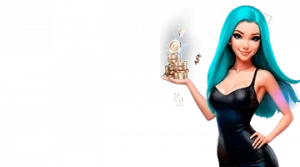 Изображение женского персонажа, держащего стопку монет, рекламирующего приветственный бонус в онлайн-казино Leon в игривом и привлекательном стиле.